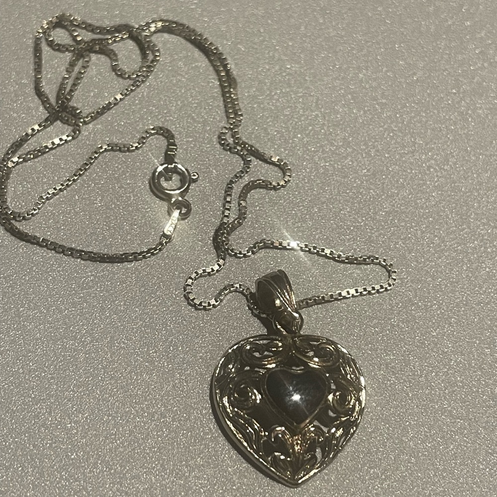 Lovely Sterling Silver Heart Shaped pendant with Onyx Heart